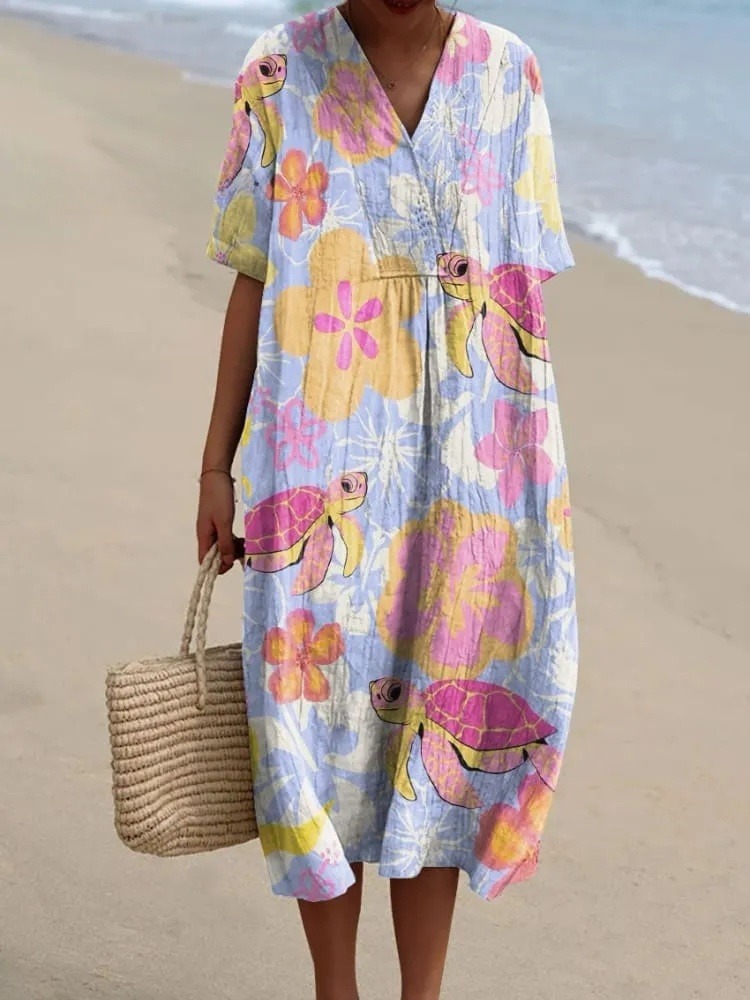 Women's Colorful Turtle Floral Art Print Flowy Dress