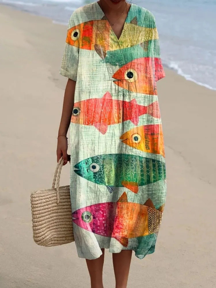 Women's Colorful Fish Art Print Flowy Dress