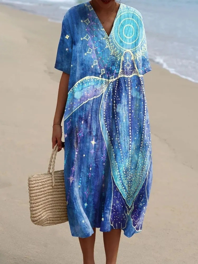 Women's Turtle Art Print Flowy Dress