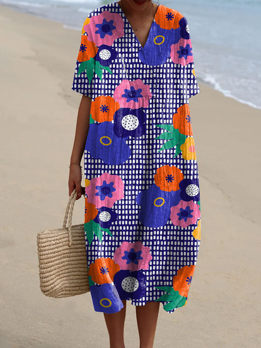 Women's Abstract Floral Lattice Art Print Flowy Dress