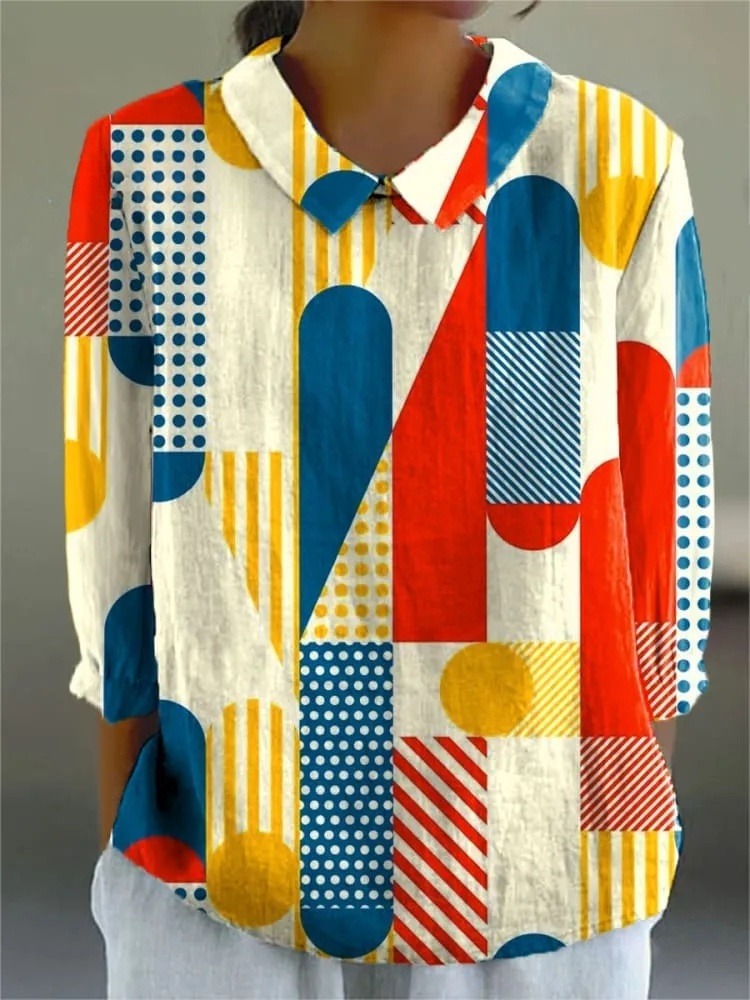 Women's Colorful Abstract Geometric Stripes Art Print Casual 3/4 Sleeve Shirt