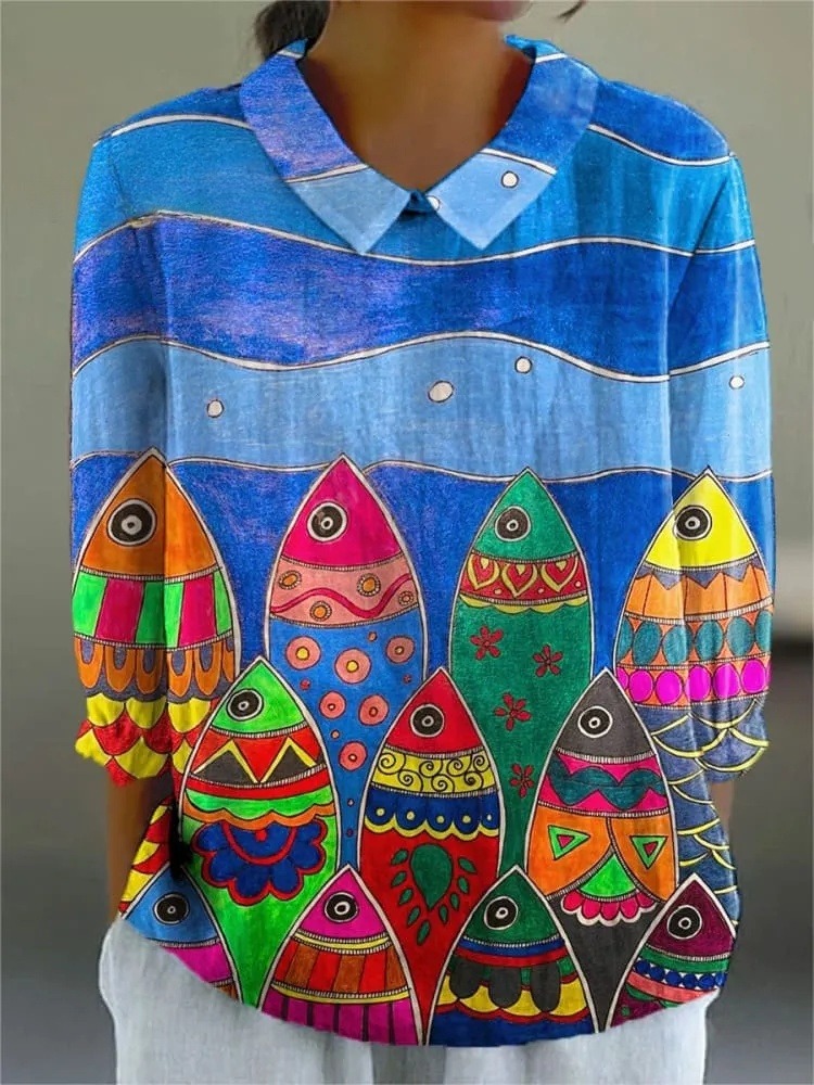 Women's Vintage Abstract Colorful Fish Art Print Casual 3/4 Sleeve Shirt