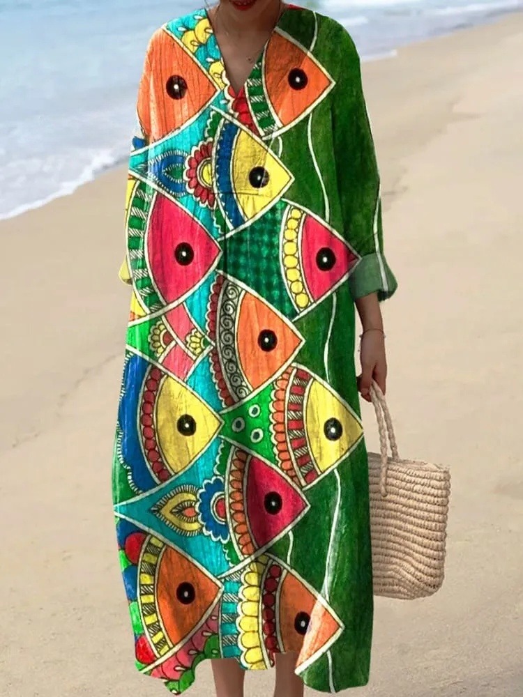 Women's Vintage Colorful Abstract Fish Art Print Dress