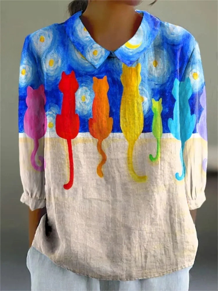 Women's Vintage Abstract Kitten Art Print Casual 3/4 Sleeve Shirt