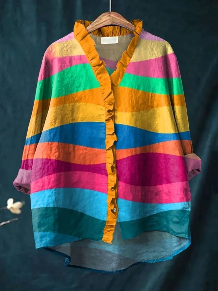 Women's Bright Abstract Ripple Art Print Casual Ruffle Shirt