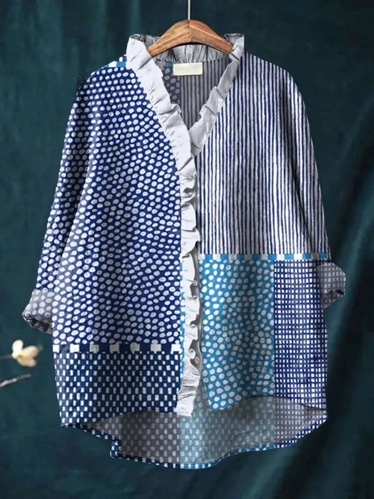 Women's Retro Abstract Dot Art Print Casual Ruffle Shirt