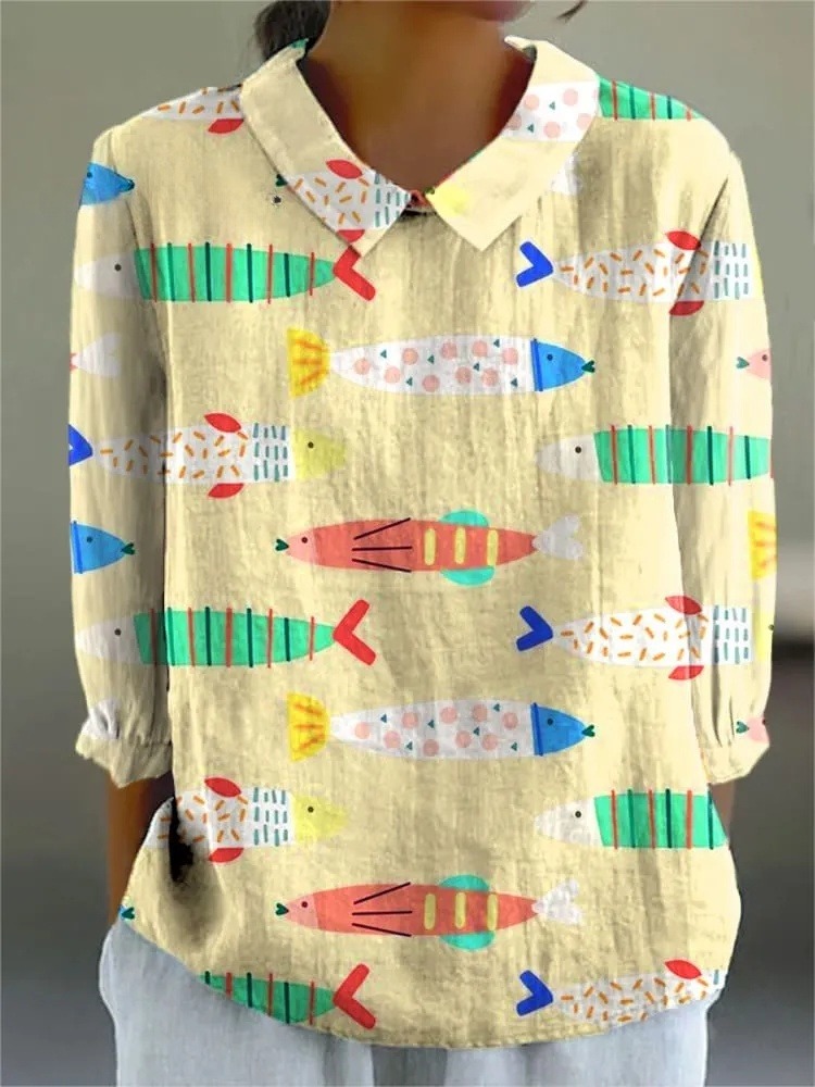 Women's Colorful Abstract Fish Art Print Casual 3/4 Sleeve Shirt