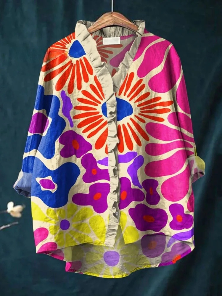 Women's Colorful Abstract Flower Art Print Casual Ruffle Shirt