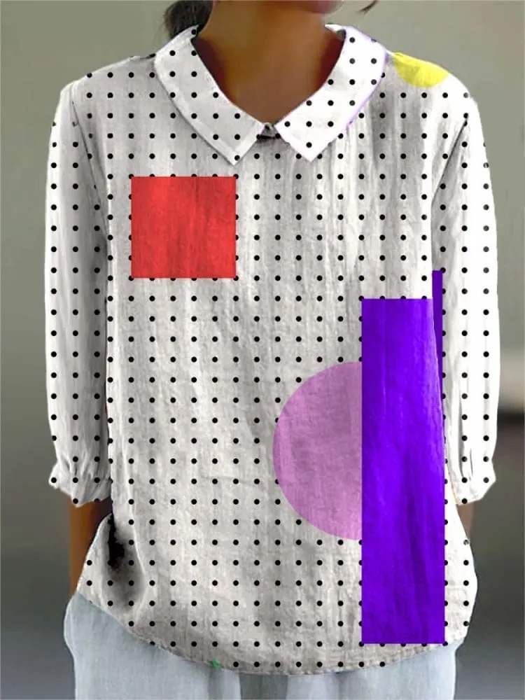 Women's Abstract Polka Dot Color Block Art Print Casual 3/4 Sleeve Shirt
