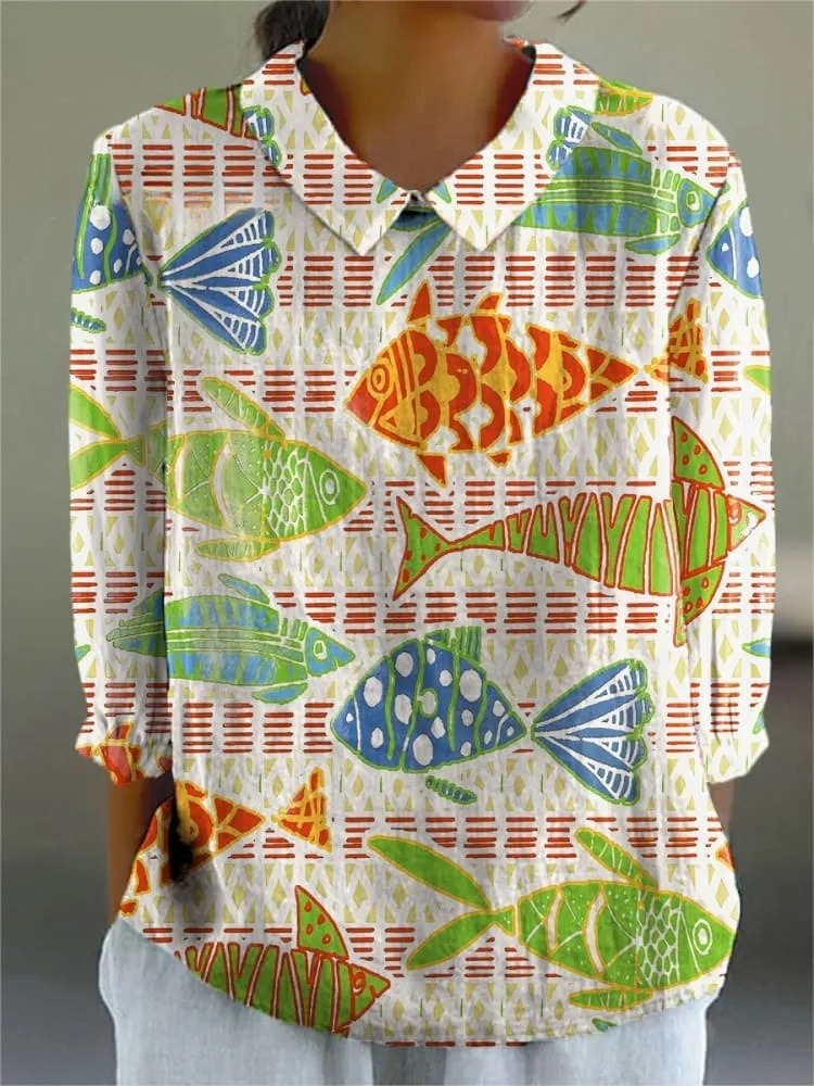 Women's Colorful Abstract Sea Fish Art Print Casual 3/4 Sleeve Shirt