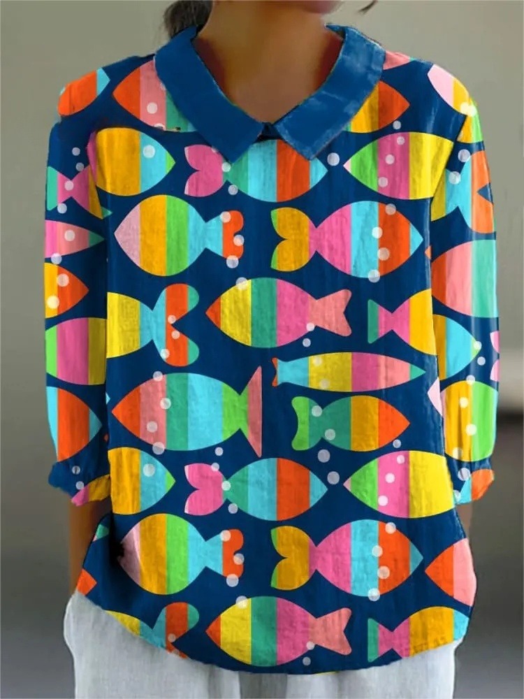 Women's Colorful Abstract Fish Art Print Casual 3/4 Sleeve Shirt