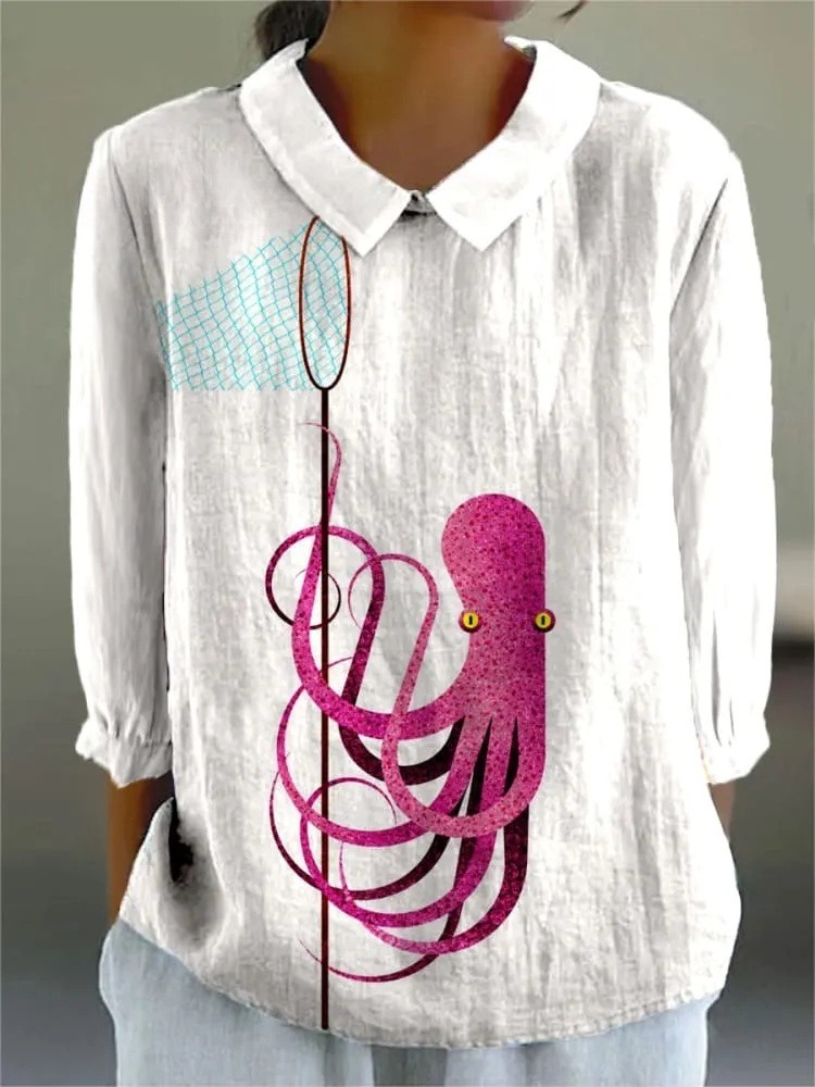 Women's Vintage Octopus Art Print Casual 3/4 Sleeve Shirt