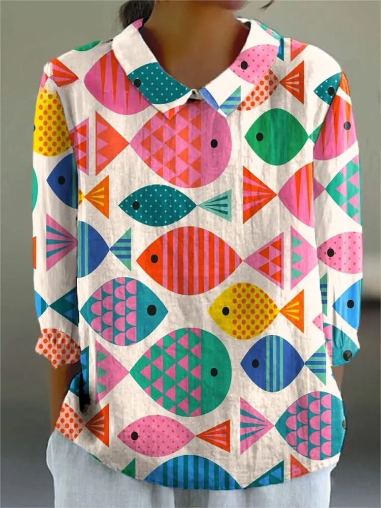 Women's Colorful Abstract Sea Fish Art Print Casual 3/4 Sleeve Shirt