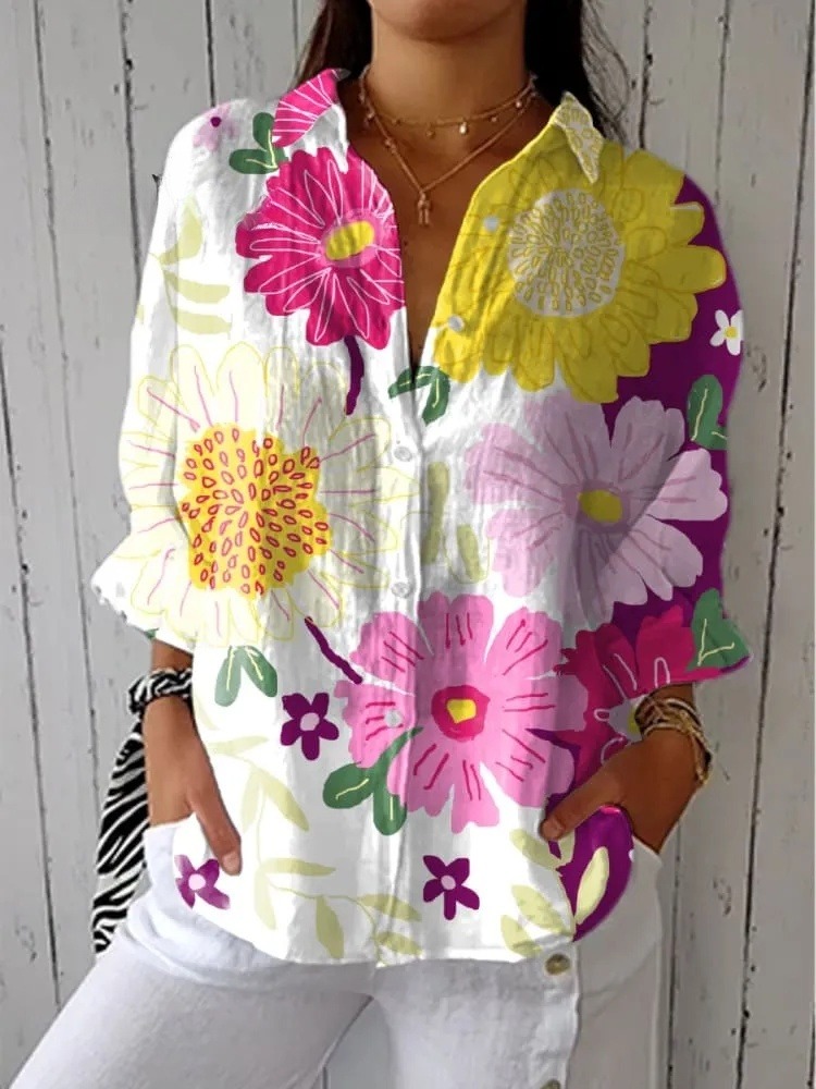 Women's Bright Flower Art Print Casual V-neck Shirt
