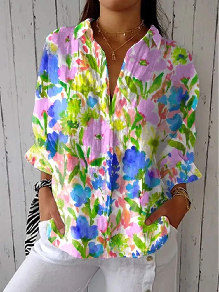 Women's Bright Flower Art Print Casual V-neck Shirt