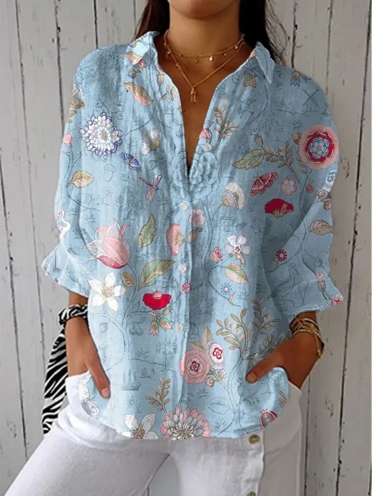 Women's Bright Flower Art Print Casual V-neck Shirt