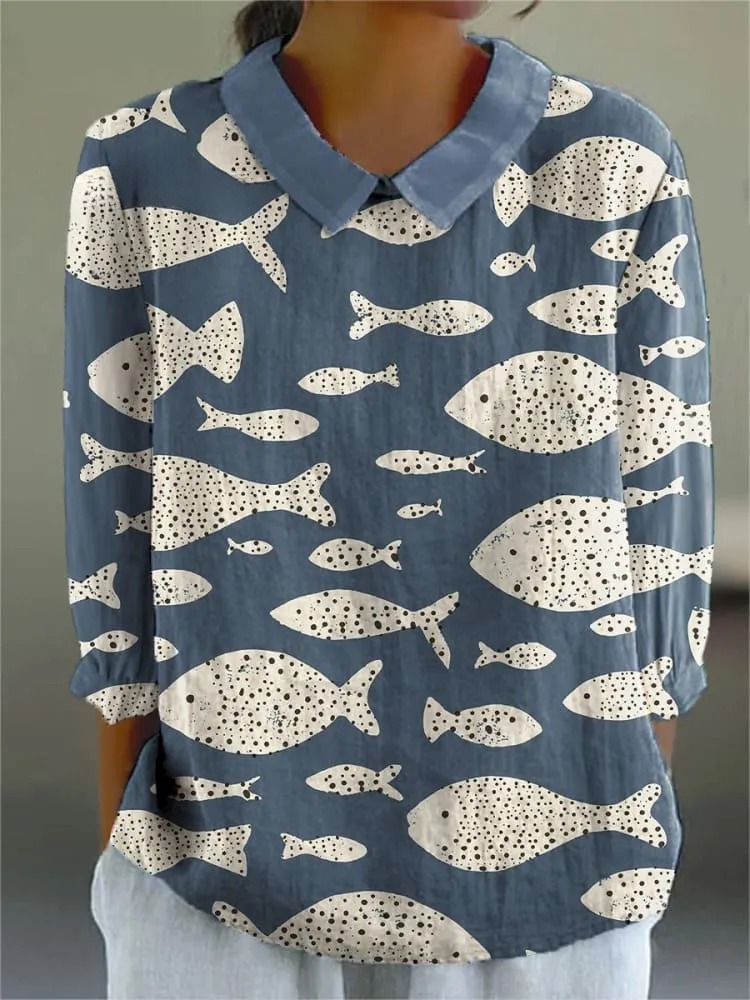 Women's Retro Abstract Fish Art Print Casual 3/4 Sleeve Shirt