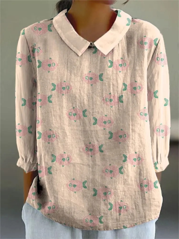 Women's Retro Abstract Fish Art Print Casual 3/4 Sleeve Shirt