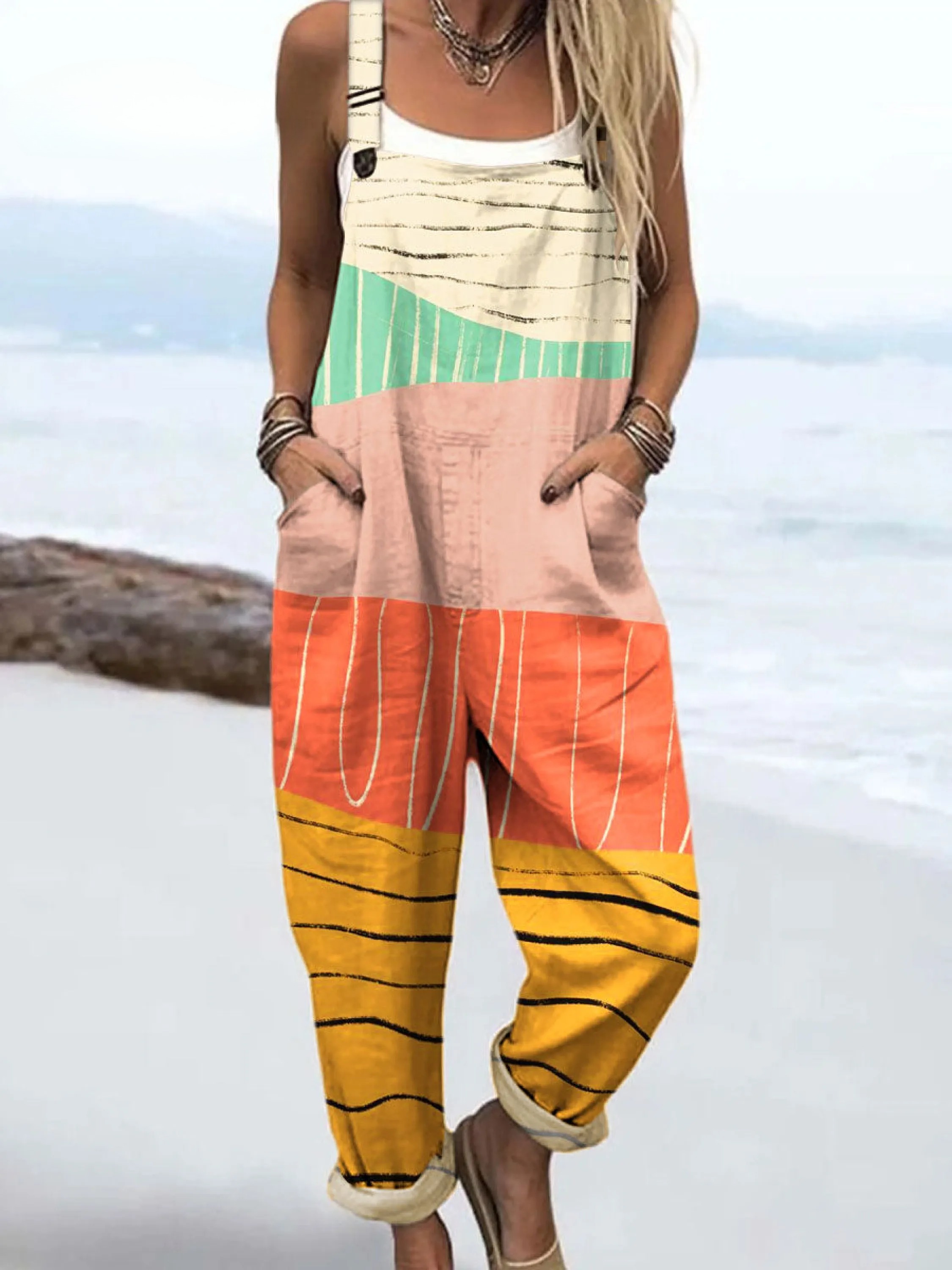 Women's Colorful Abstract Stripes Block Art Print Casual 100% Cotton Wide Leg Jumpsuit