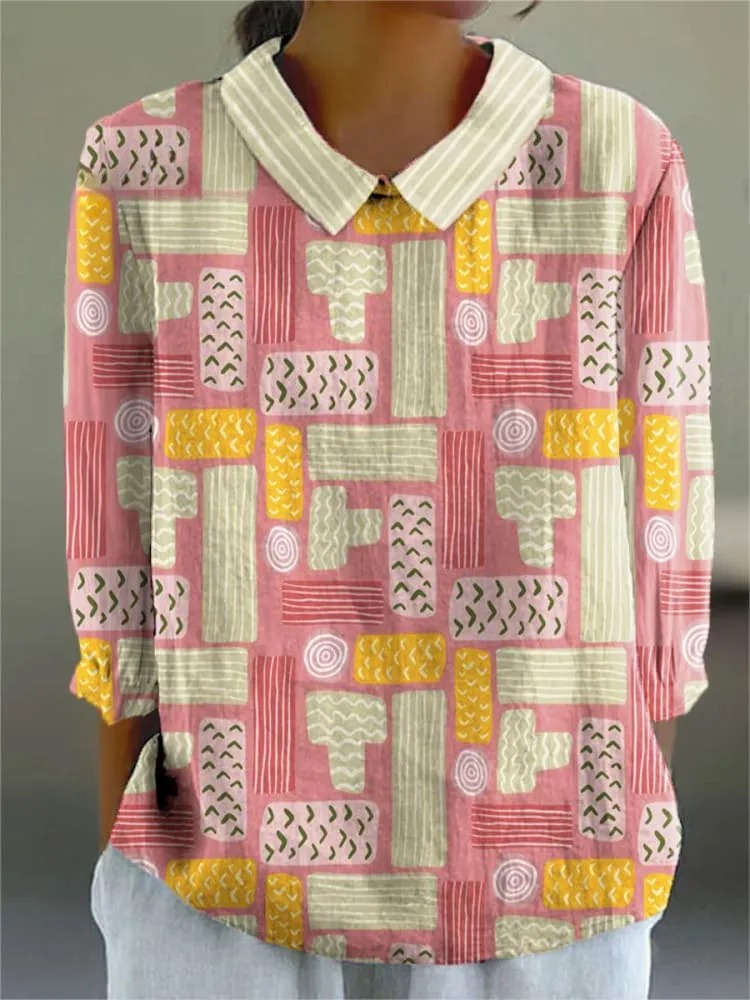 Women's Colorful Tetris Art Print Casual 3/4 Sleeve Shirt