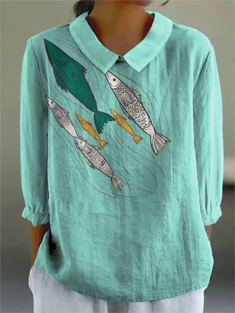 Women's Vintage Ocean Fish Art Print Casual 3/4 Sleeve Shirt