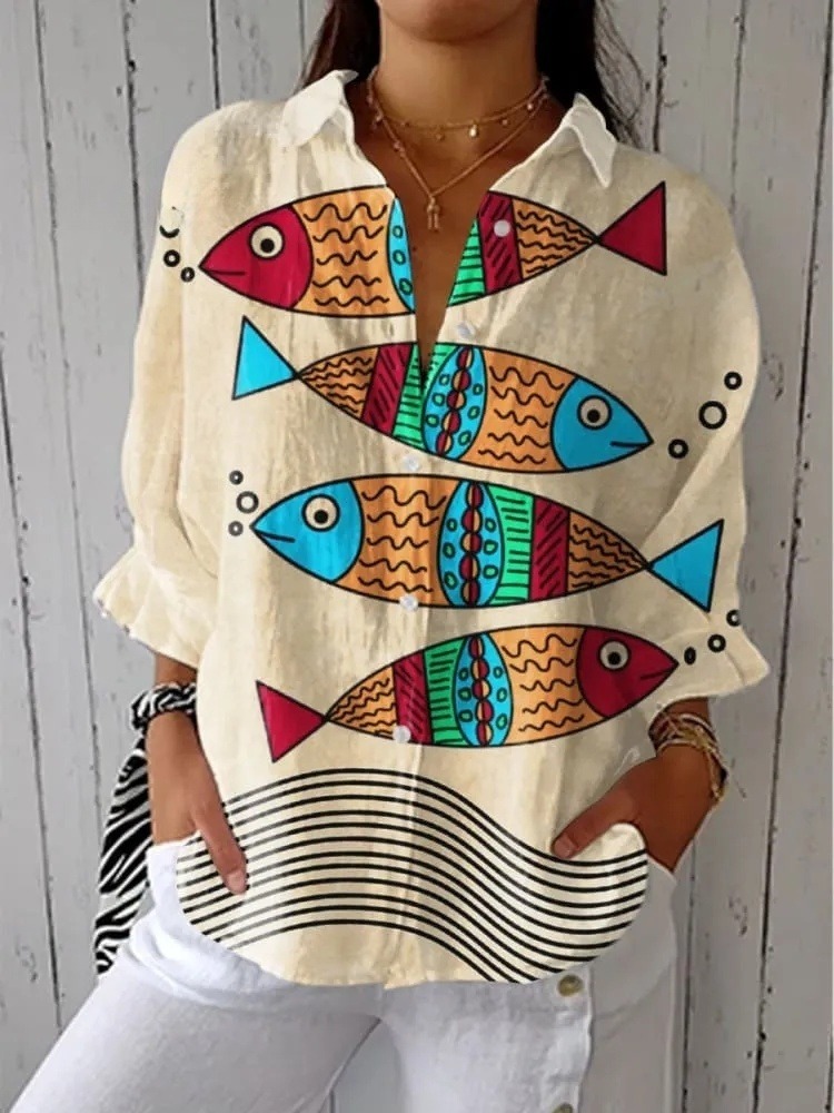 Women's Retro Abstract Fish Art Print Casual V-neck Shirt