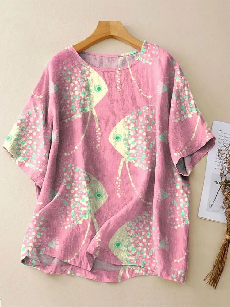 Women's Pink Abstract Fish Art Print Casual V-neck Shirt