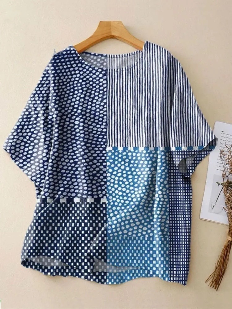 Women's Retro Abstract Polka Dot Texture Art Print Casual V-neck Shirt