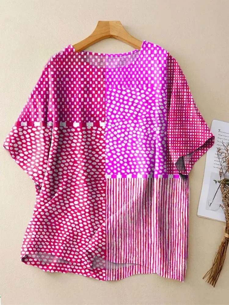 Women's Retro Abstract Polka Dot Texture Art Print Casual  V-neck Shirt