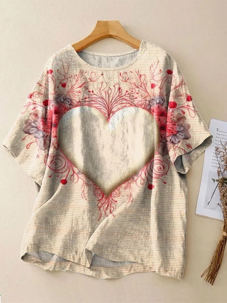 Women's Vintage Abstract Heart Shaped Floral Art Print Casual Crew Neck Shirt