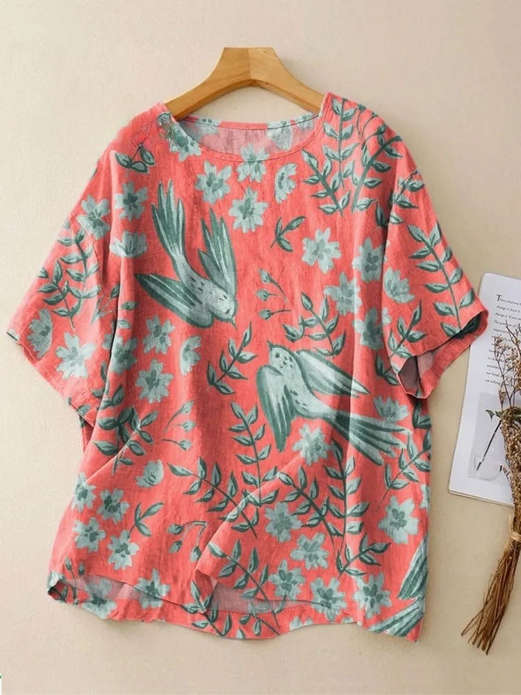 Women's Vintage Abstract Swallow Floral Art Print Casual Crew Neck Shirt
