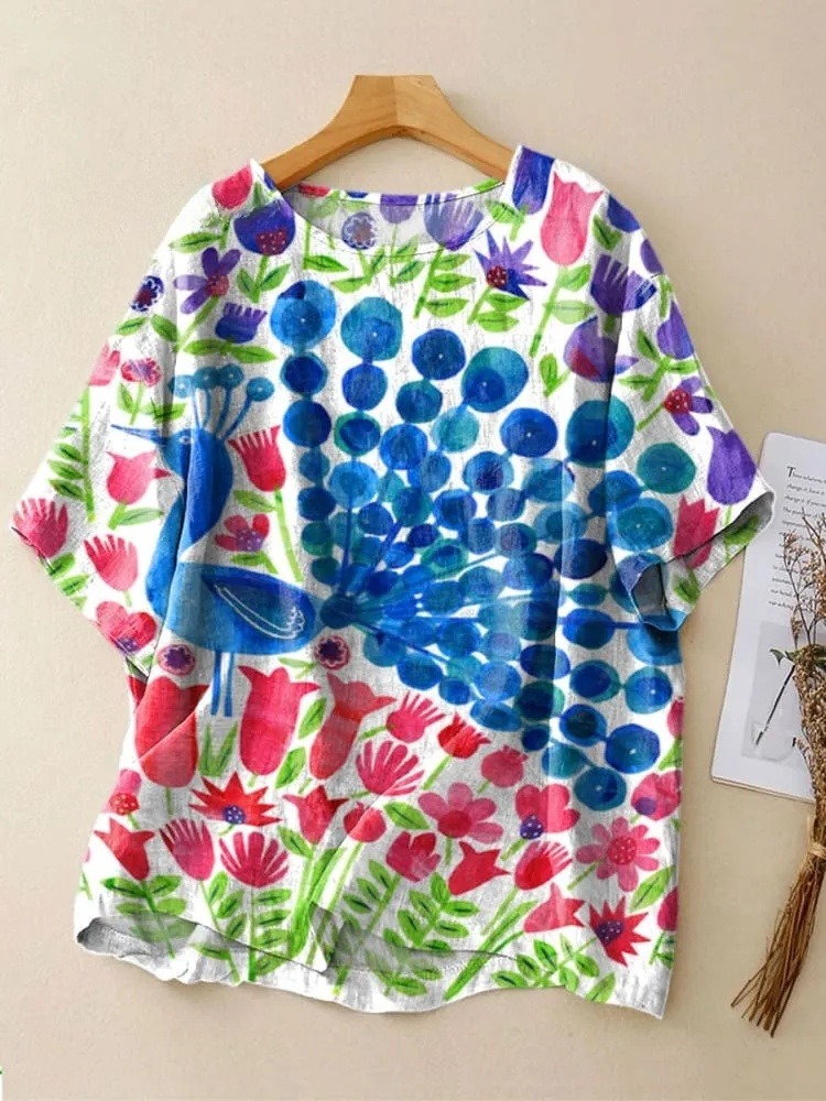 Women's Colorful Abstract Peacock Art Print Casual Crew Neck Shirt