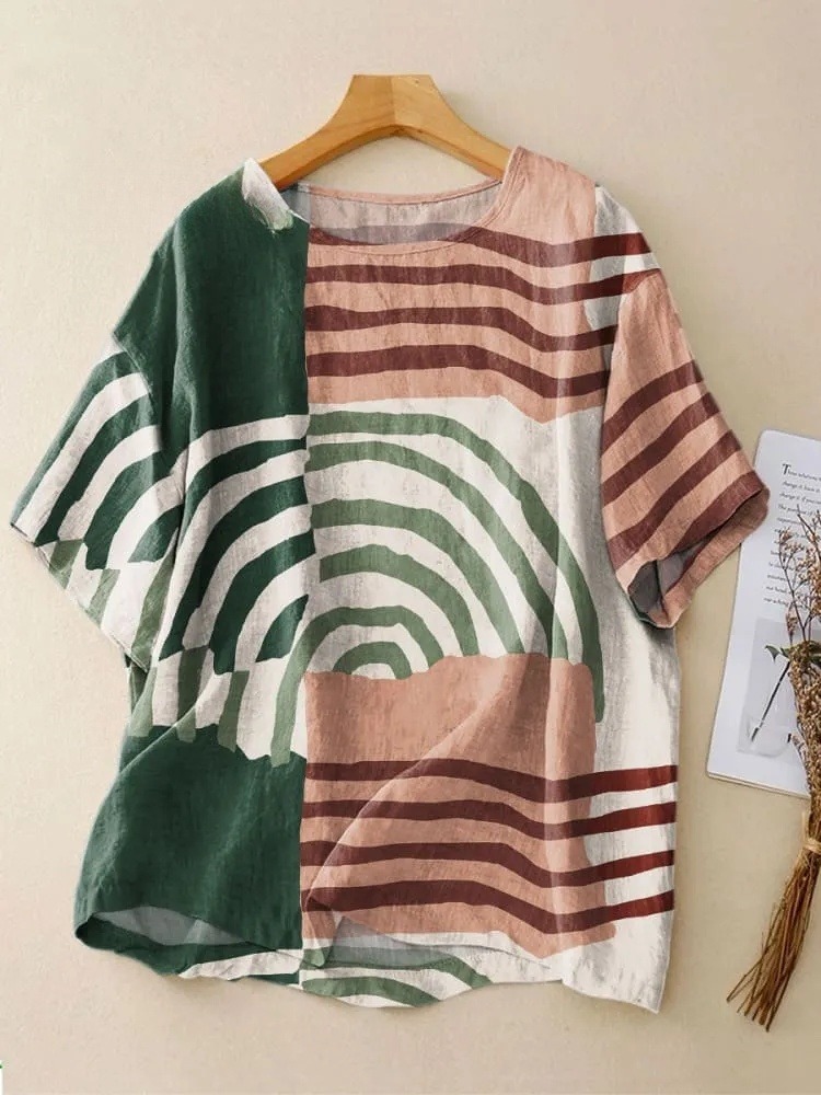 Women's Retro Abstract Stripes Art Print Casual Crew Neck Shirt