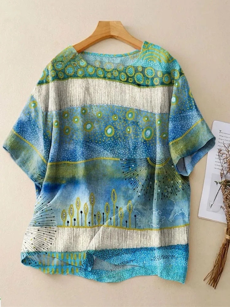 Women's Vintage Abstract Landscape Art Print Casual Crew Neck Shirt