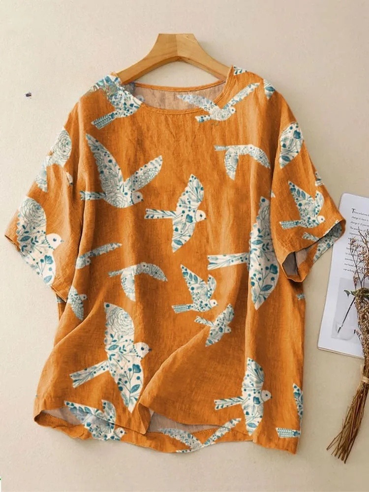 Women's Retro Abstract Pattern Peace Dove Art Print Casual Crew Neck Shirt