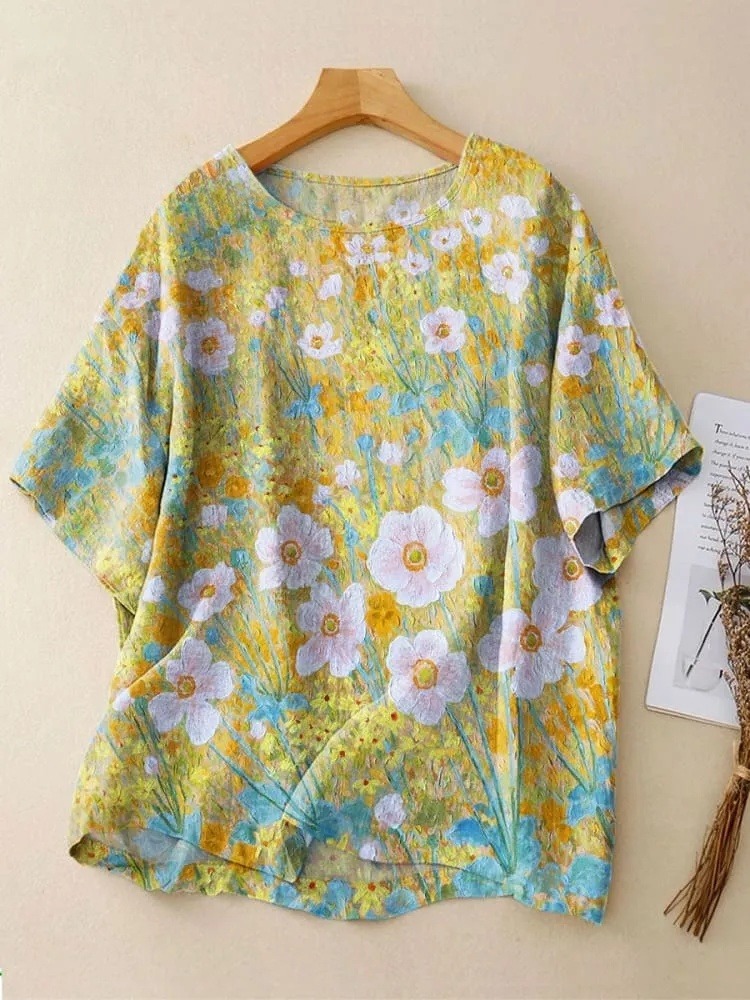 Women's Vintage Flower Art Print Casual Crew Neck Shirt