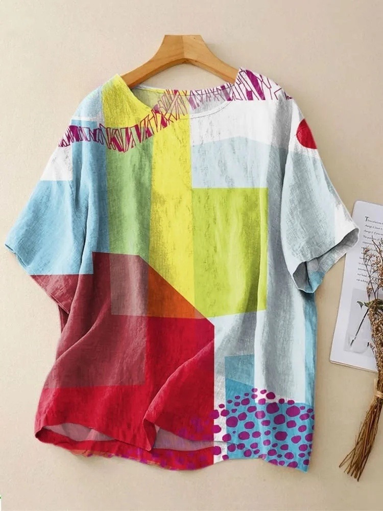 Women's Colorful Abstract Block Art Print Casual Crew Neck Shirt