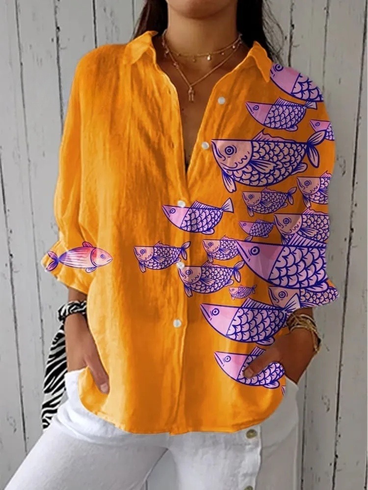 Women's Retro Abstract Fish Art Print Casual V-neck Shirt