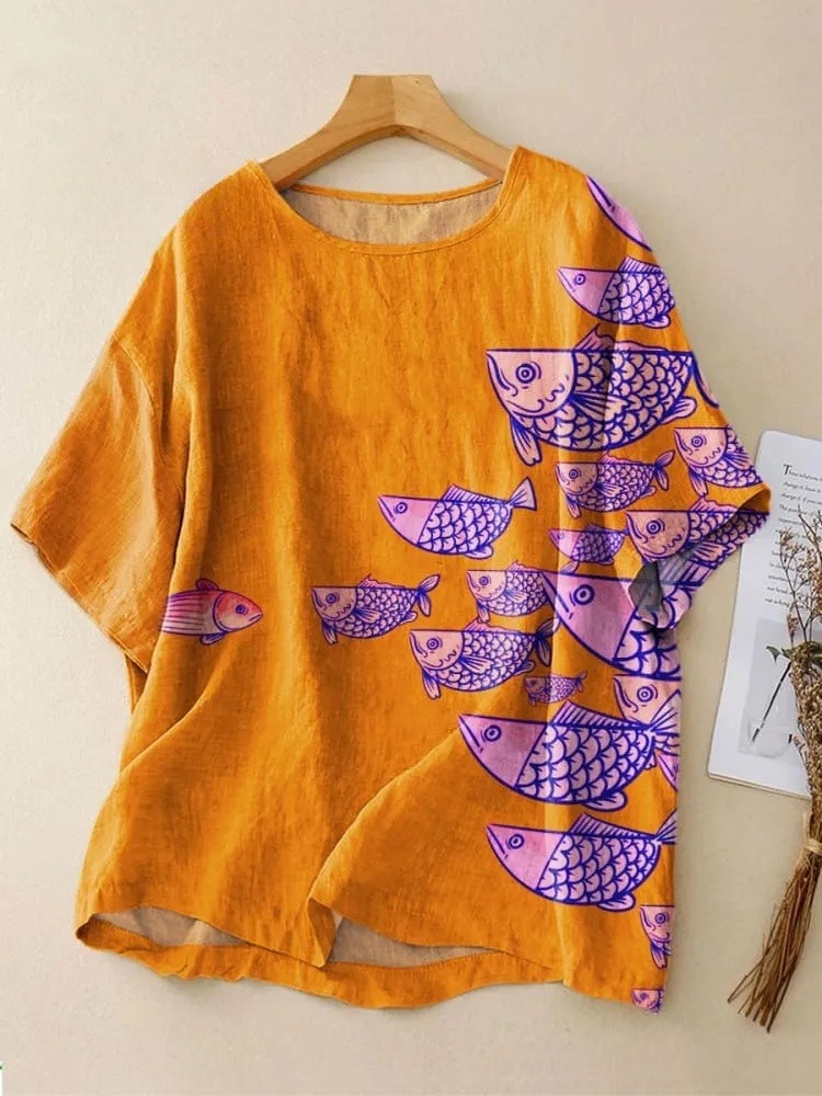 Women's Retro Abstract Fish Art Print Casual Crew Neck Shirt