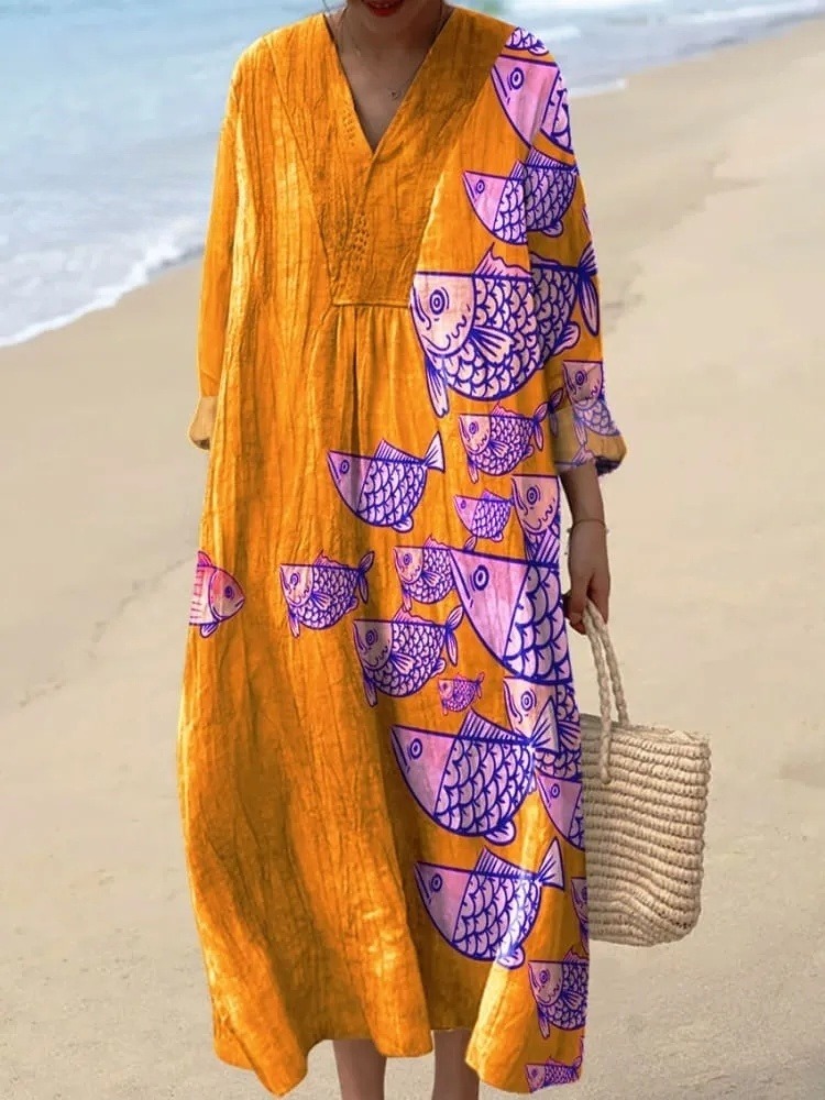 Women's Retro Abstract Fish Art Print Dress