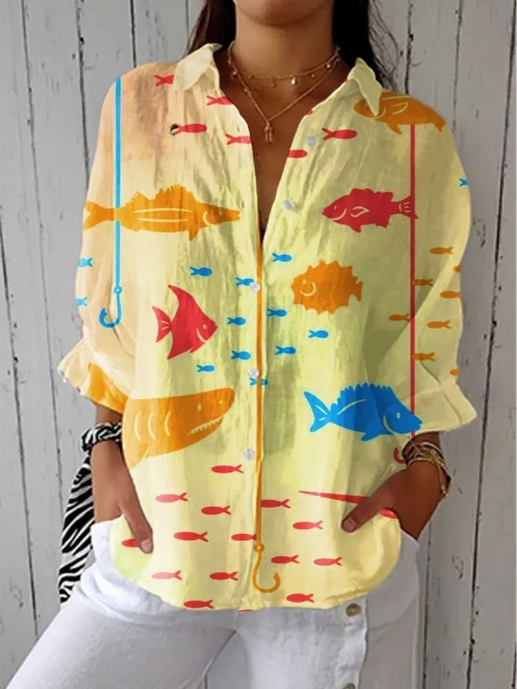 Women's Colorful Abstract Fish Art Print Casual V-neck Shirt