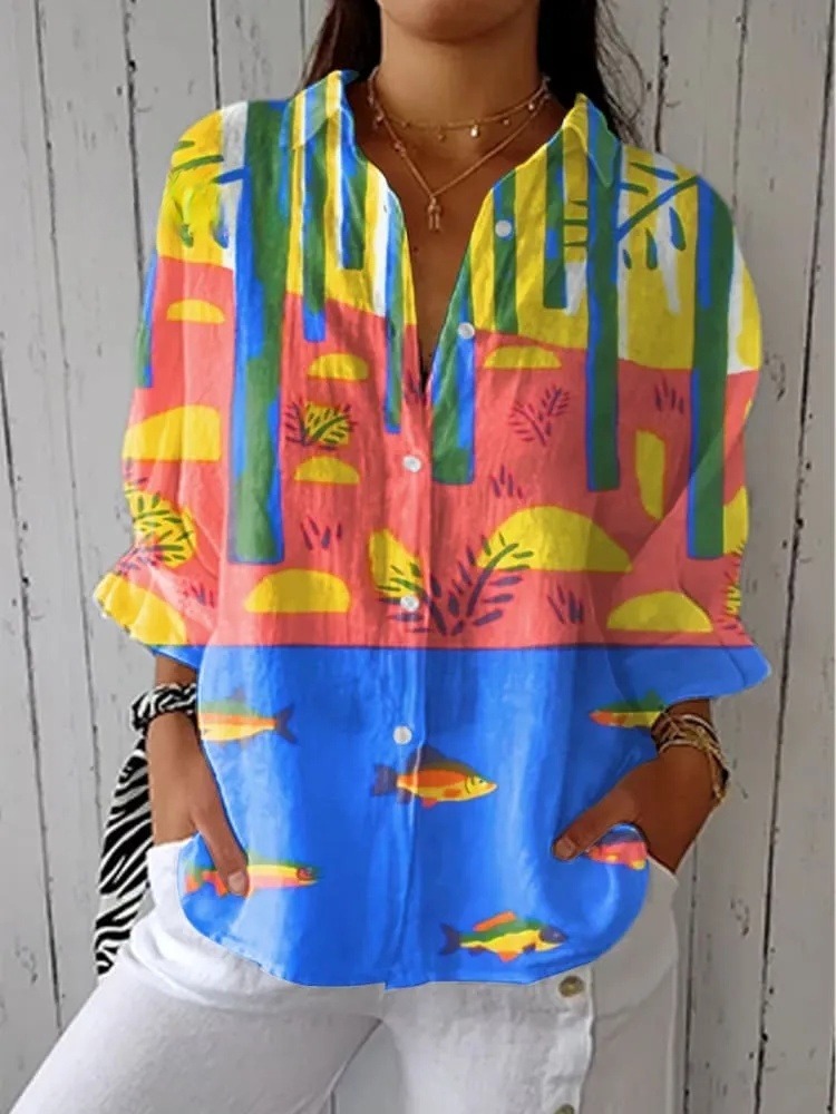 Women's Colorful Abstract Fish Art Print Casual V-neck Shirt