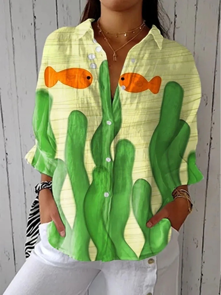 Women's Colorful Abstract Seaweed Fish Art Print Casual V-neck Shirt