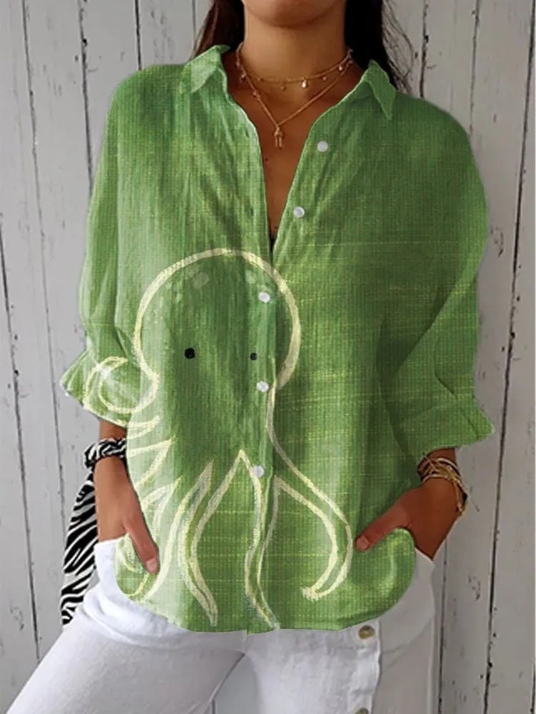 Women's Vintage Abstract Octopus Art Print Casual V-neck Shirt