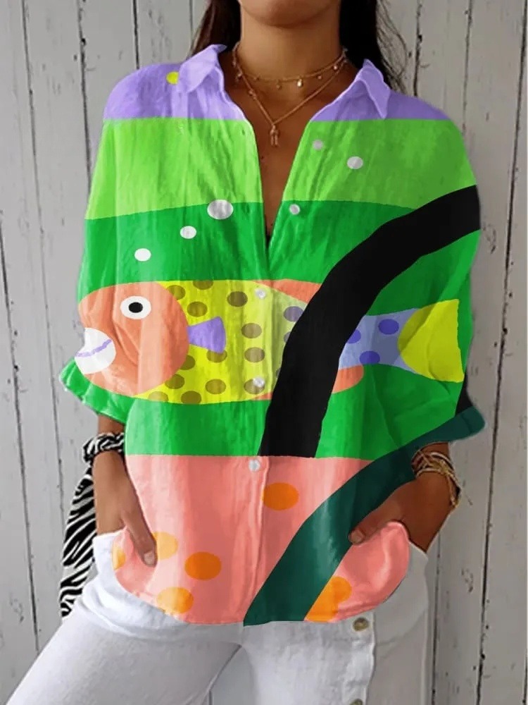 Women's Colorful Abstract Fish Art Print Casual V-neck Shirt