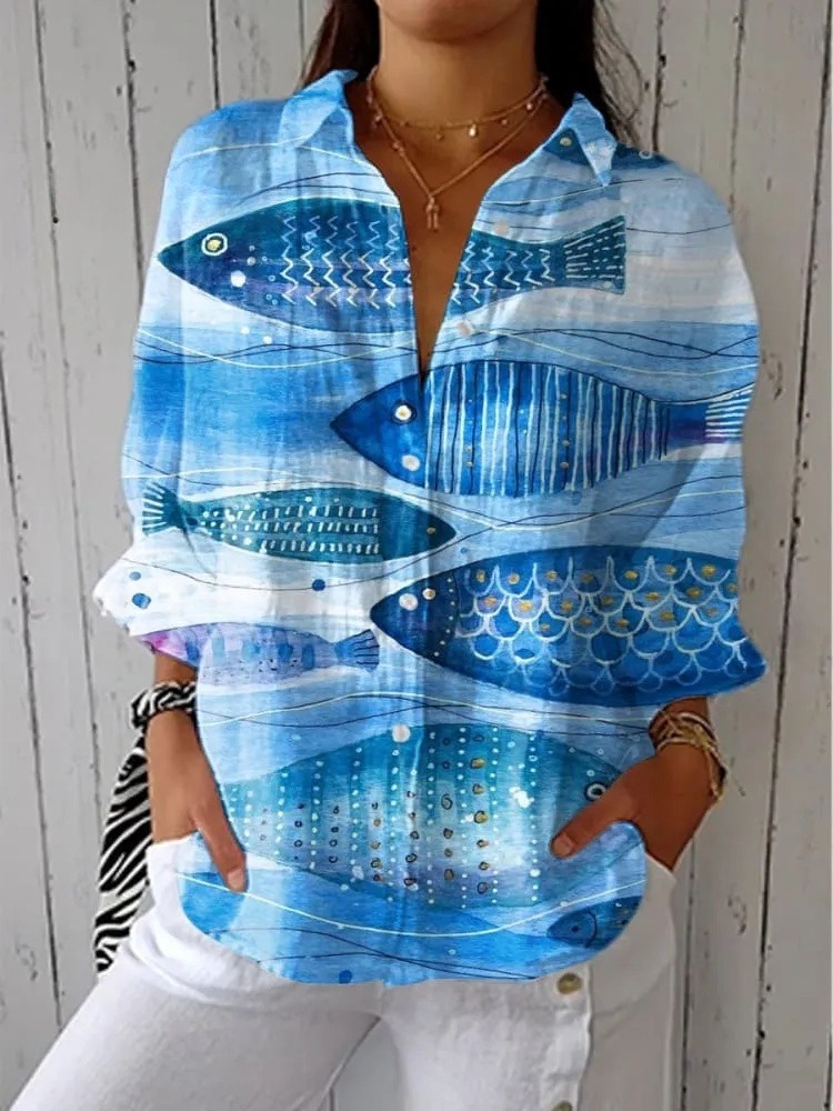 Women's Vintage Abstract Fish Art Print Casual V-neck Shirt