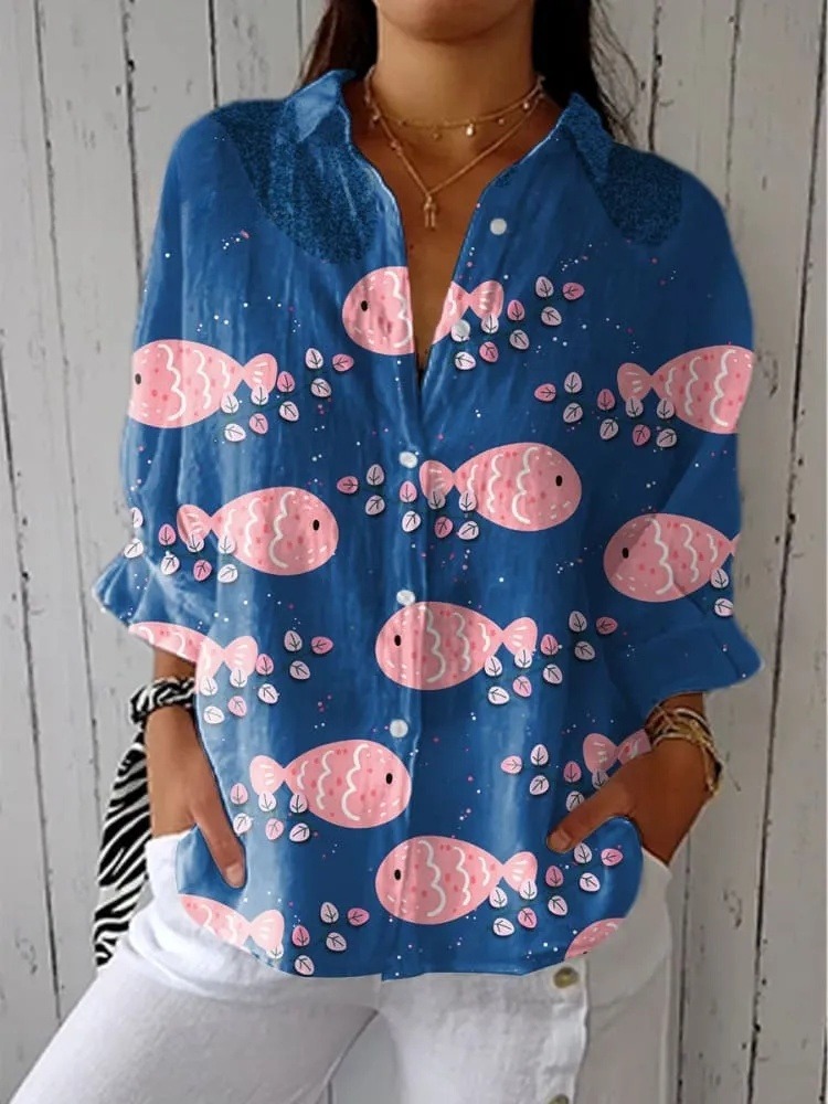 Women's Vintage Abstract Fish Art Print Casual V-neck Shirt