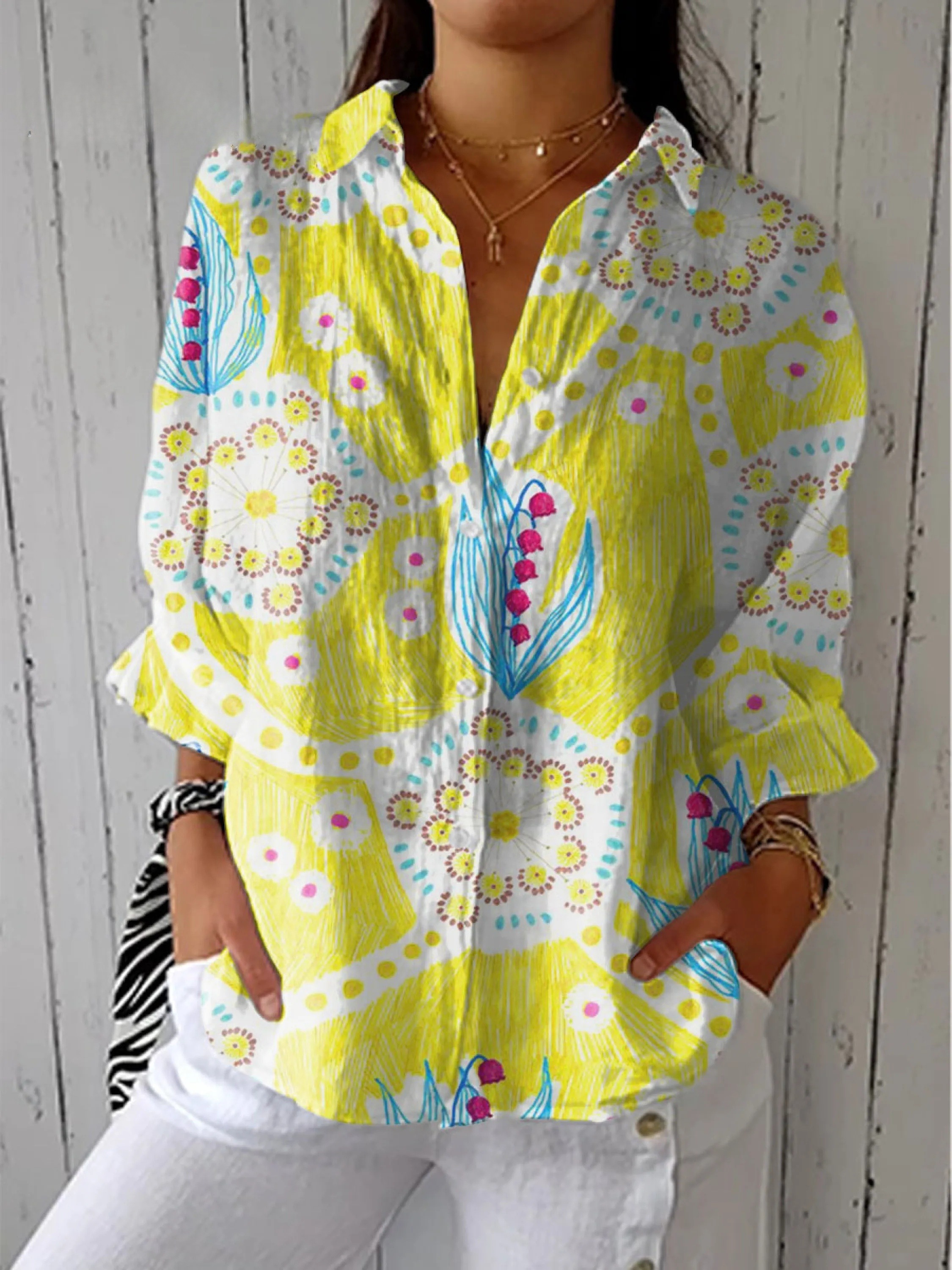 Women's Vintage Flower Art Print Casual V-neck Shirt