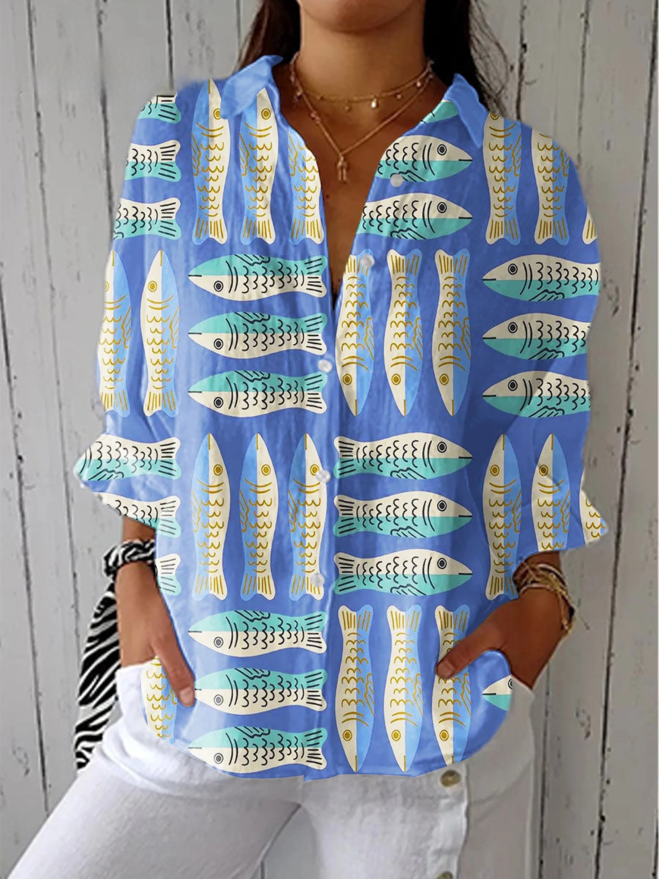 Women's Vintage Abstract Fish Art Print Casual V-neck Shirt