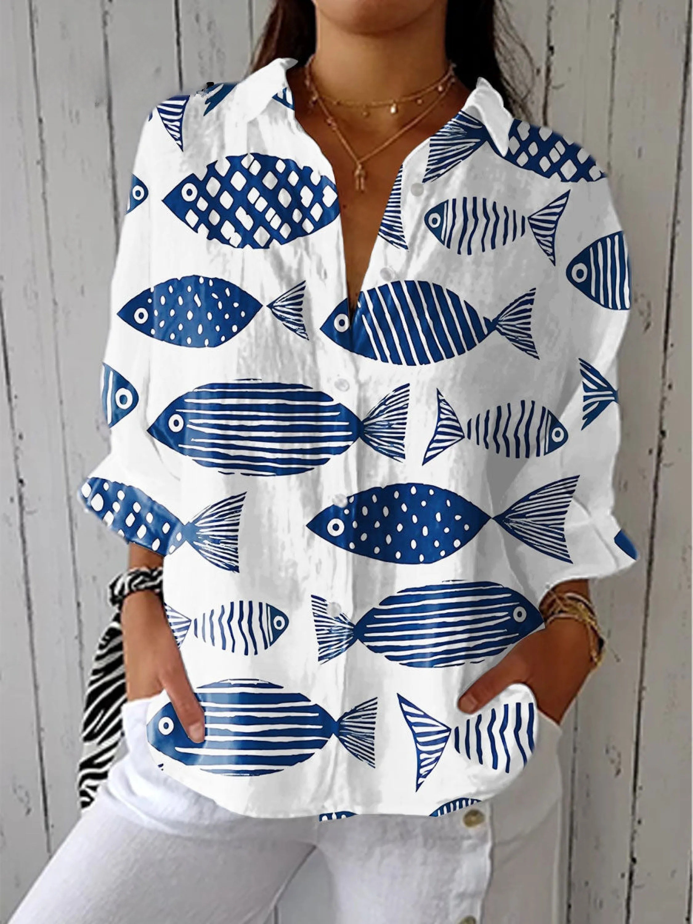 Women's Vintage Abstract Fish Art Print Casual V-neck Shirt